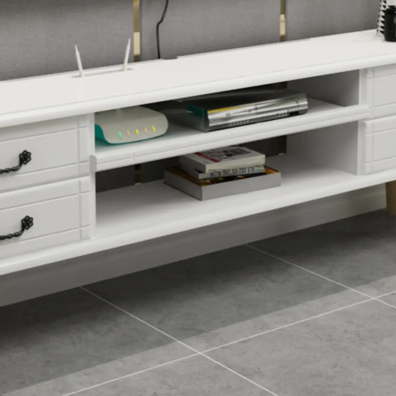 Living Room Wood Brown-White Cable Management TV Stand