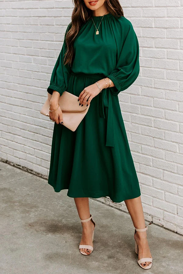 hulianfu Casual Solid Patchwork With Belt O Neck Waist Skirt Dresses - Deanwangkt