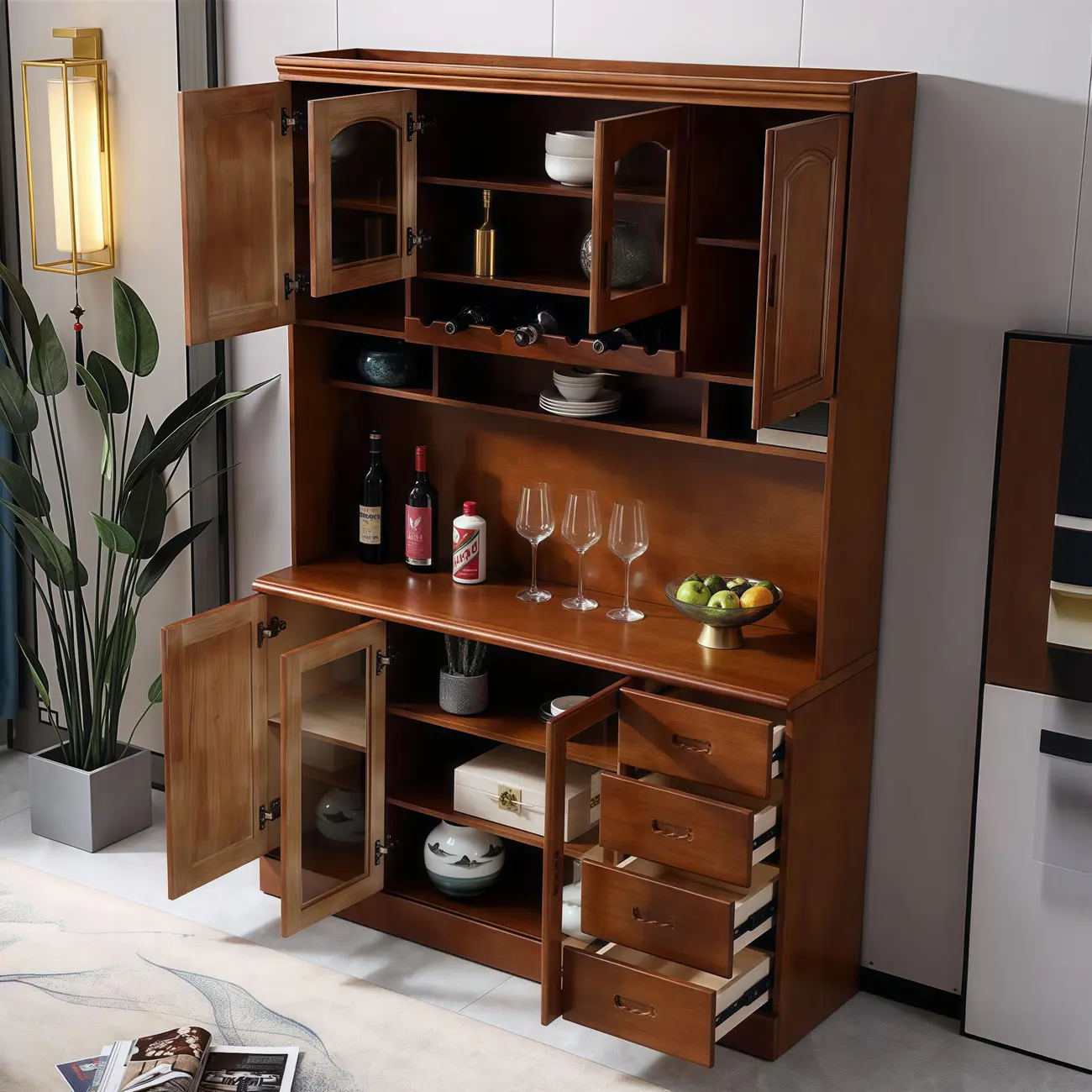 Kitchen Wooden White Cabinet Sideboard Built-in Wine Rack