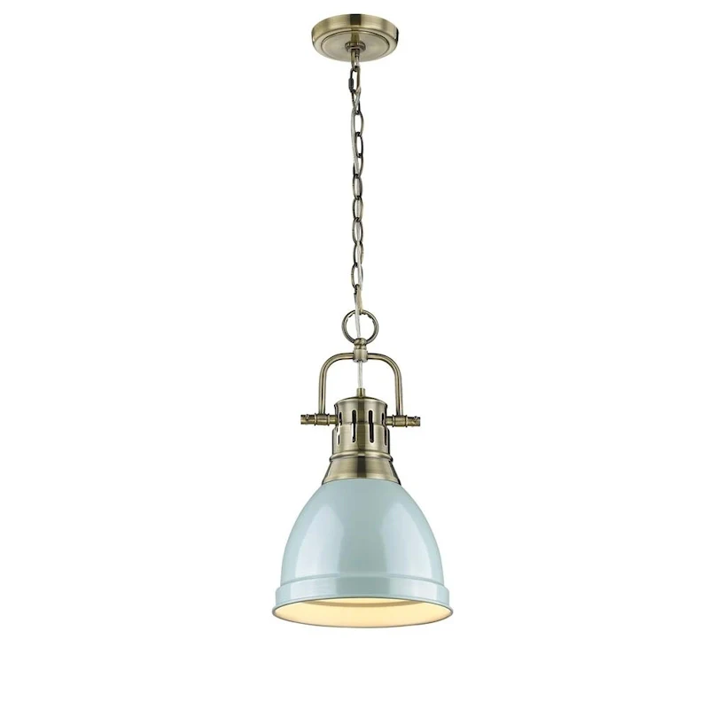 Golden Lighting Duncan Aged Brass Small Pendant With Seafoam Shade and Chain
