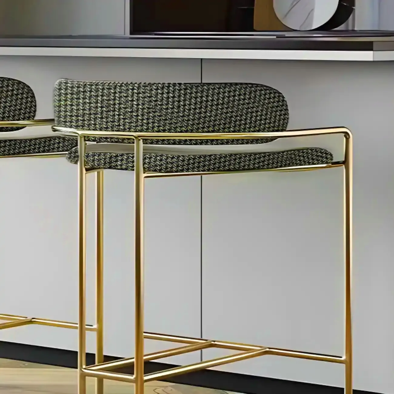 Art Deco Gold Green Cotton Upholstered Bar Stool