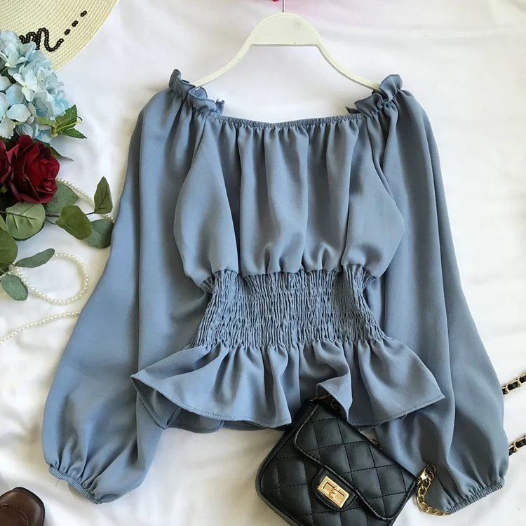 Hulianfu Youth Elegant Blouse Women Chiffon Fashion Blouse Off Shoulder White Shirt Ruffle Puff Sleeve Top Office wear - Deanwangkt