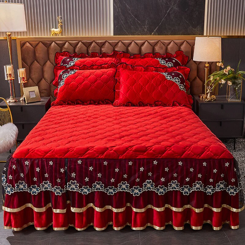 HULIANFU Luxury Super Soft Crystal Velvet Fleece Lace Ruffles Quilted Bed Skirt Mattress Cover Bedspread Pillowcase Bedding Home Textiles - Deanwangkt