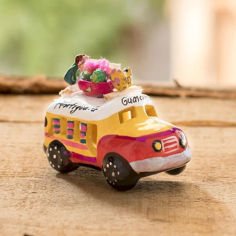 Novica Handmade Petite Old Time Market Bus Mini Ceramic Sculpture