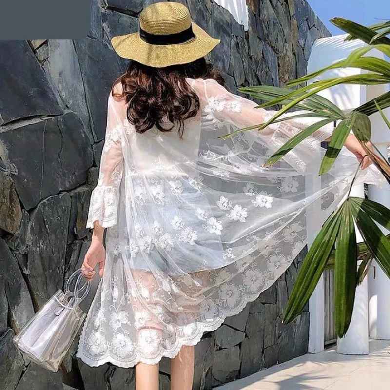 Hulianfu Women Blouse Sun Protection Outerwear Fashion Long Flare Sleeve Mesh Embroidery Thin Loose Party Holiday Maiden Outerwear Sexy - Deanwangkt
