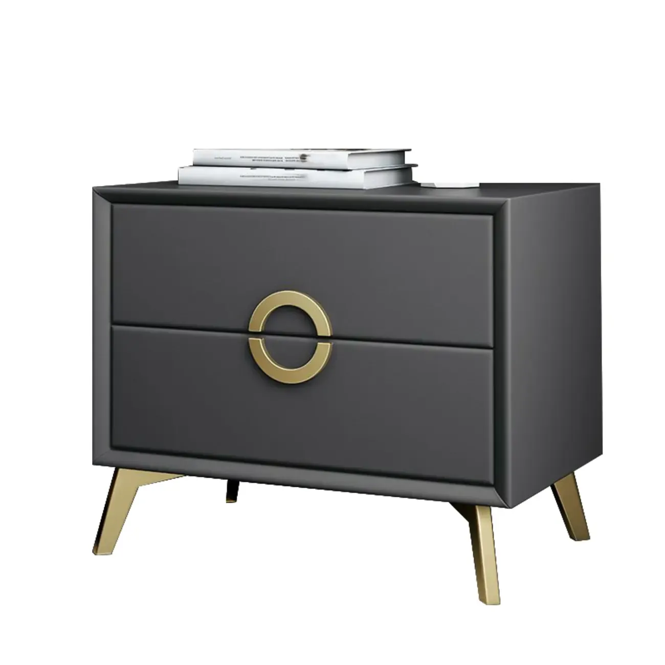 Chic Khaki Leather Gold Accents 2-Drawer Nightstand