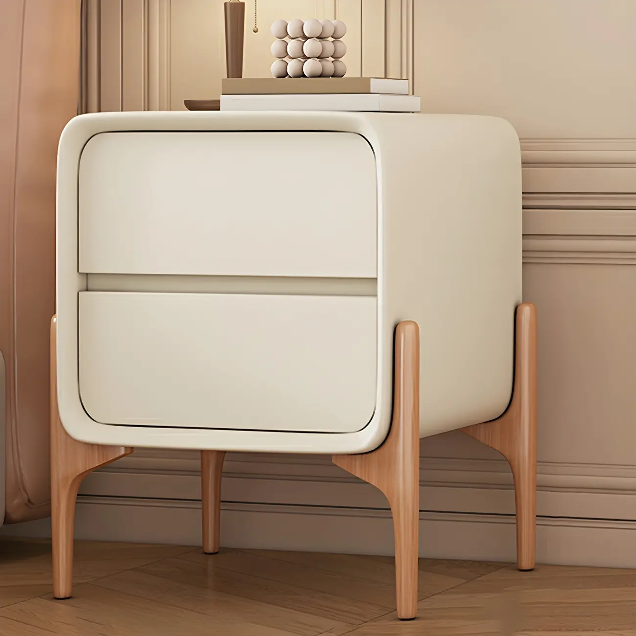 Simple Curved Wooden Faux Leather 2 Drawer Nightstand