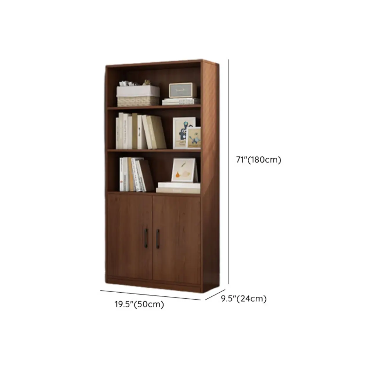 Narrow Modern Nut-Brown Wooden 3-Shelf Bookcase with Cabinet