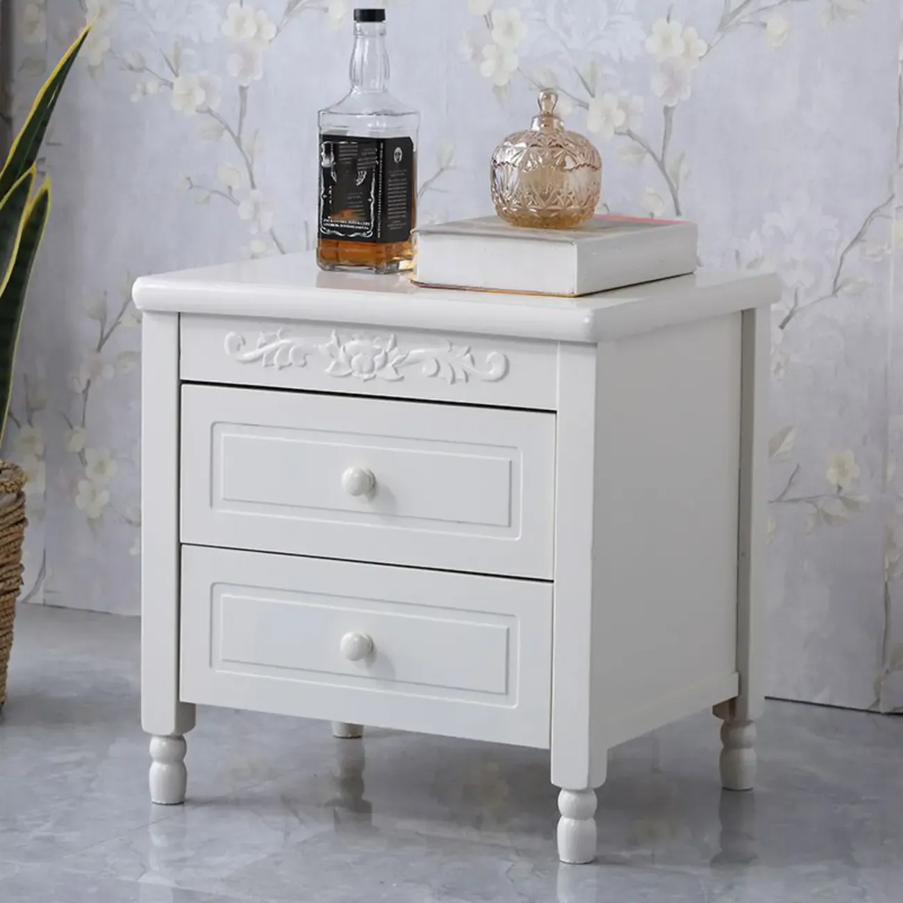 Classic Wood White Carved 2-Drawer Nightstand