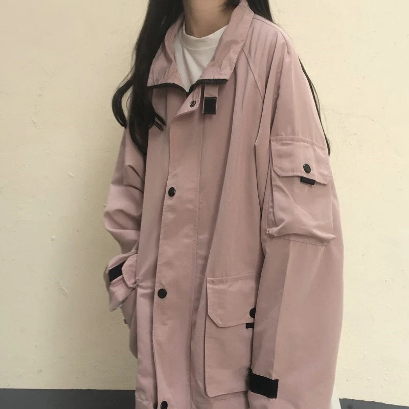 Basic Jackets Women Chic All-match Retro Solid Zipper Design Ulzzang Lovely Fashion Teens Overcoats Daily Vintage Womens Outwear - Deanwangkt