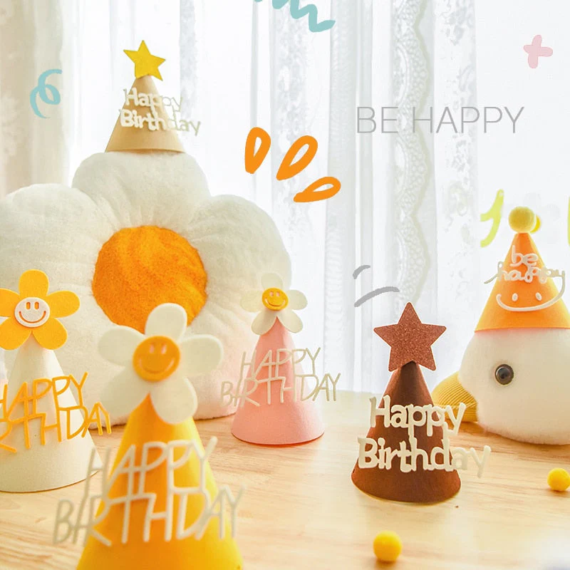 HULIANFU ins Kids Yellow Flower Birthday Hat Little Daisy Party Hat Baby Shower Headwear White Happy Birthday Smile Headband - Deanwangkt