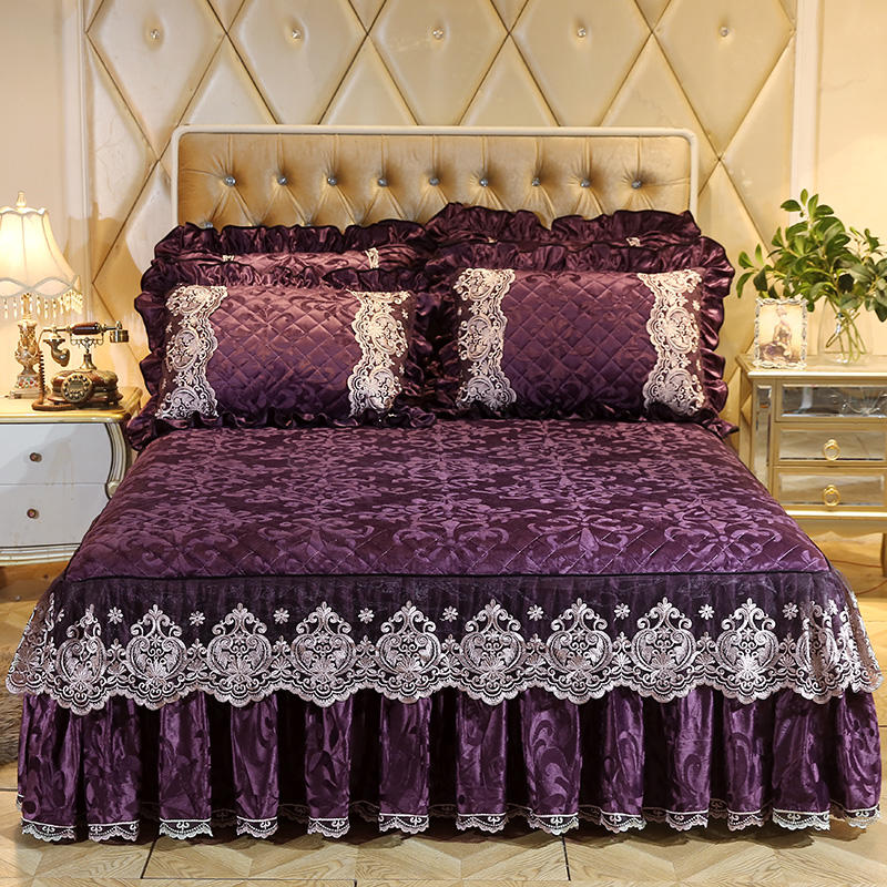 HULIANFU Velvet Warm Quilted Bedding Bed Skirt Pillowcases Home Textile Princess Thick Bedspread Lace Bedsheet Mattress Cover With Cotton - Deanwangkt