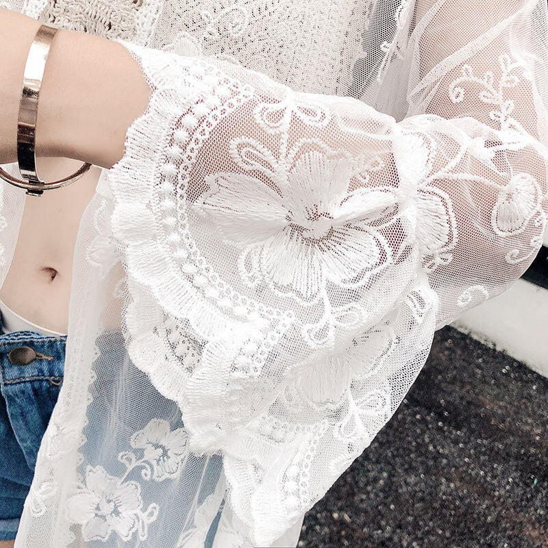 Hulianfu Women Blouse Sun Protection Outerwear Fashion Long Flare Sleeve Mesh Embroidery Thin Loose Party Holiday Maiden Outerwear Sexy - Deanwangkt