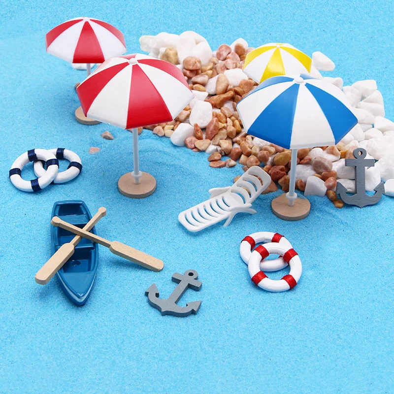 HULIANFU Ocean Beach Style Miniatures Artificial Sunshade Umbella Chair Anchor Micro Landscape For Garden Pastoral DIY Accessories Decor - Deanwangkt