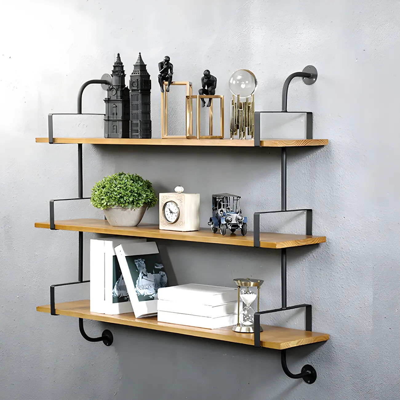 Simple 2-Tier Wood Metal Wall-Mounted Bookcase