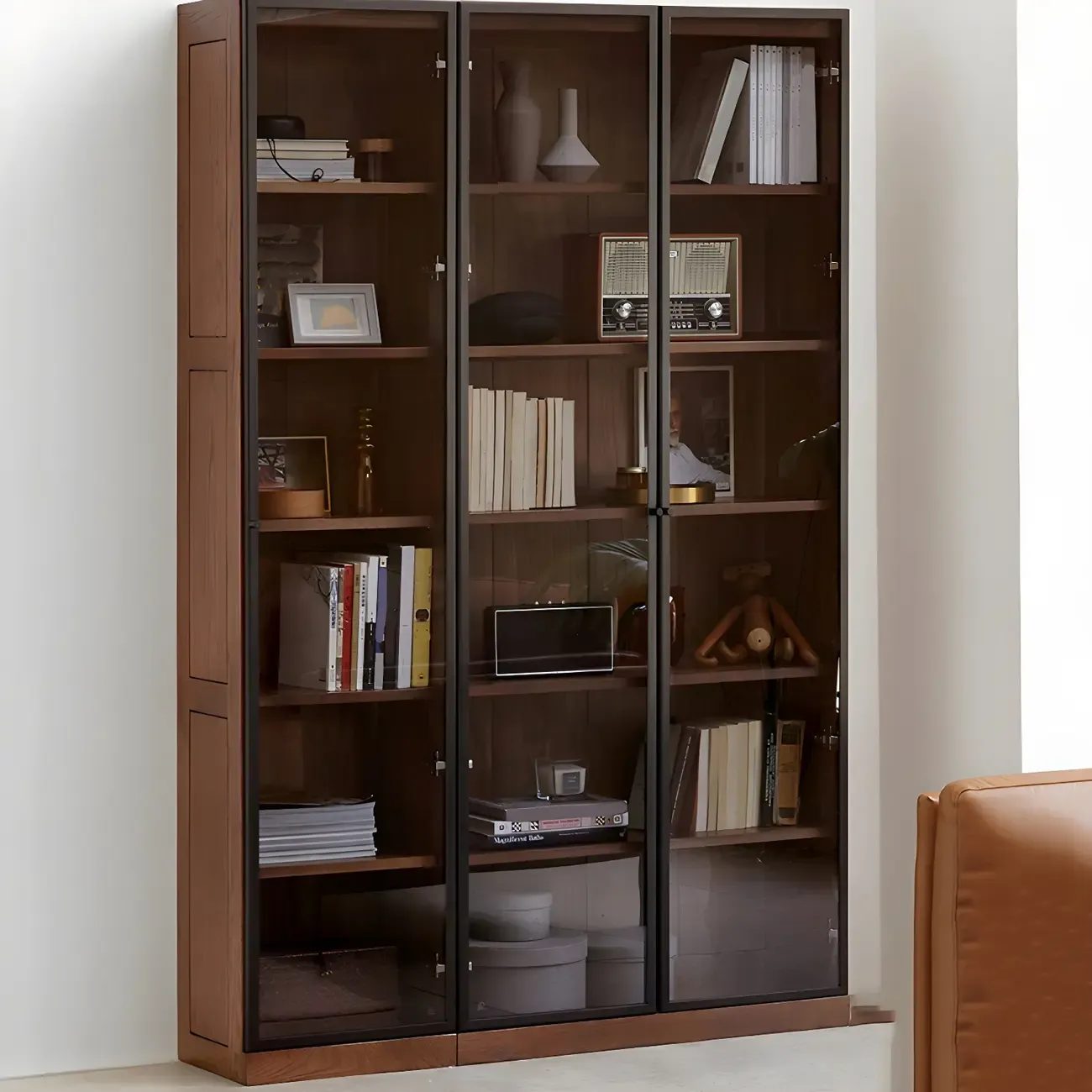 Adjustable Shelves Glass Solid Wood Display Wine Cabinet