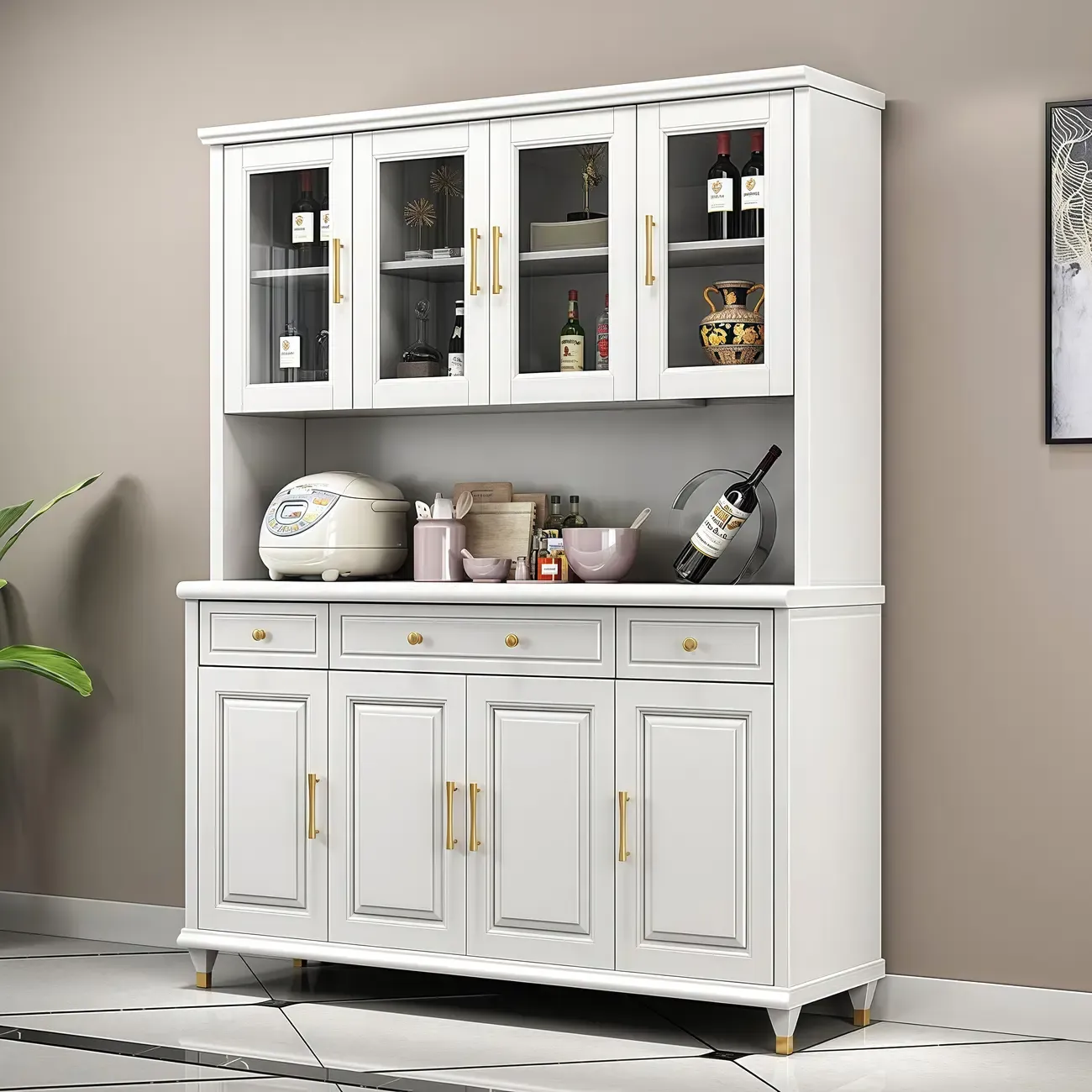 Kitchen Wooden White Cabinet Sideboard Built-in Wine Rack
