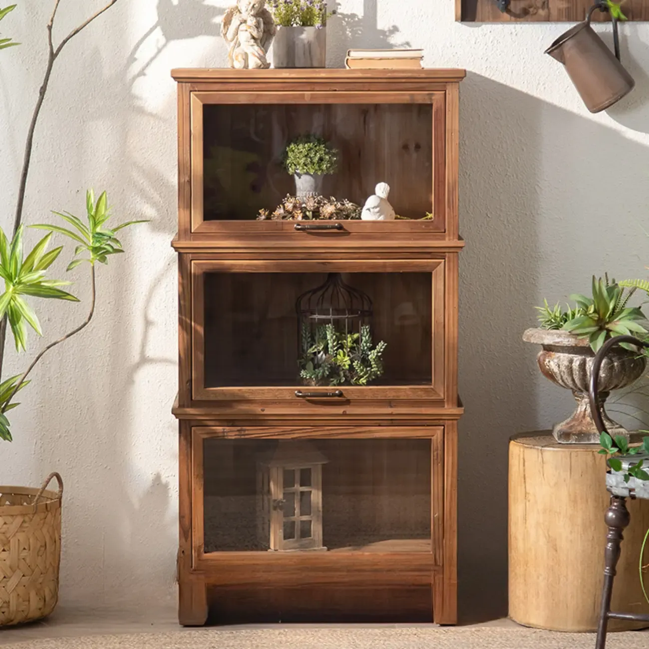 Traditional Multi-Shelves Brown Wooden Flip-Up China Cabinet