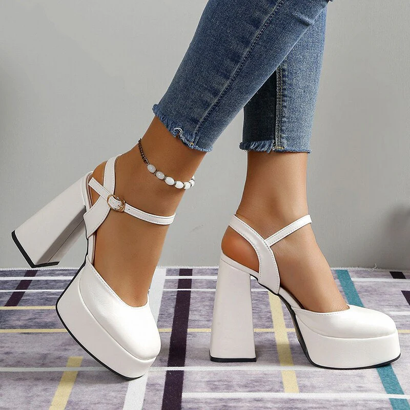 hulianfu White Super High Heels Mary Jane Shoes for Women  Summer Ankle Strap Platform Pumps Woman Slingback Thick Heeled Party Shoes - Deanwangkt