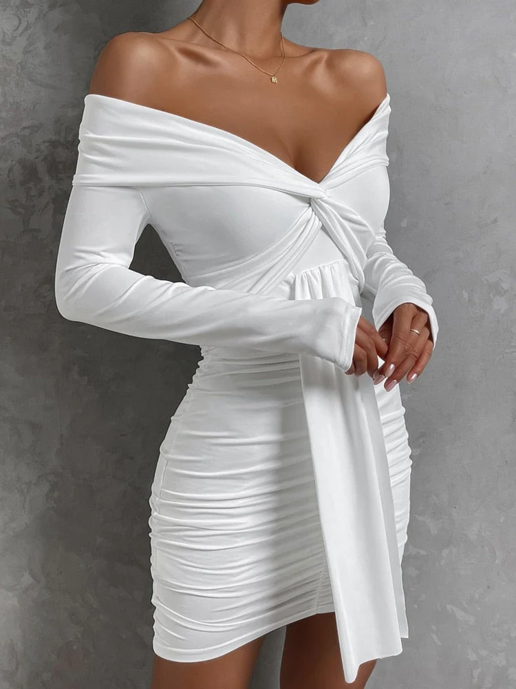 Hulianfu Sexy Tight Long Sleeve Short Club Dress White Evening Bodycon Dresses For Women Off Shoulder Party Mini Dress - Deanwangkt