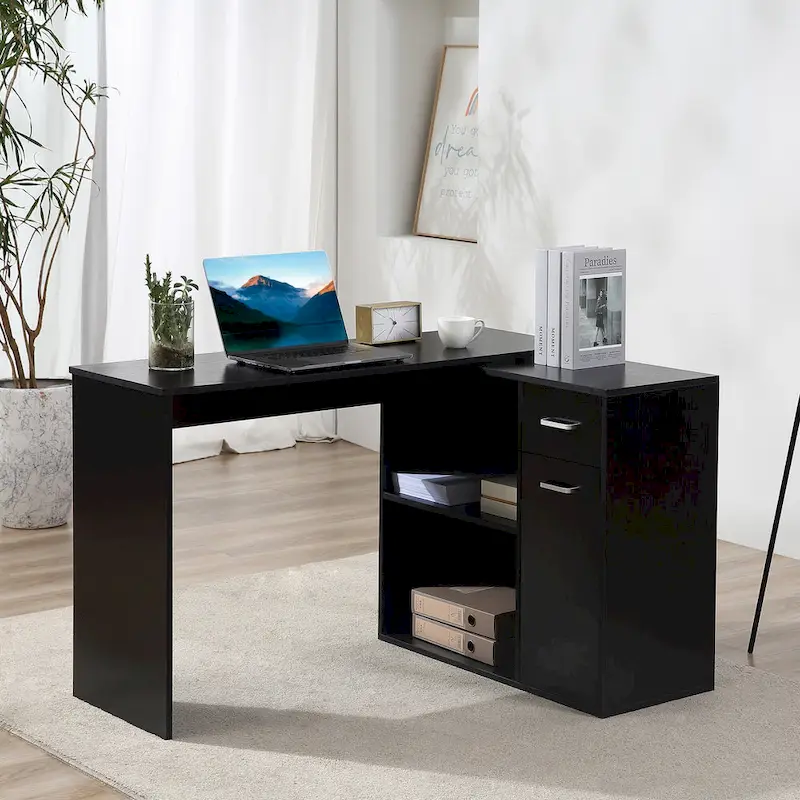 Modern L Shaped Computer Office Desk with Rotating Support and Built In Storage Cell for Home Offices or Small Spaces