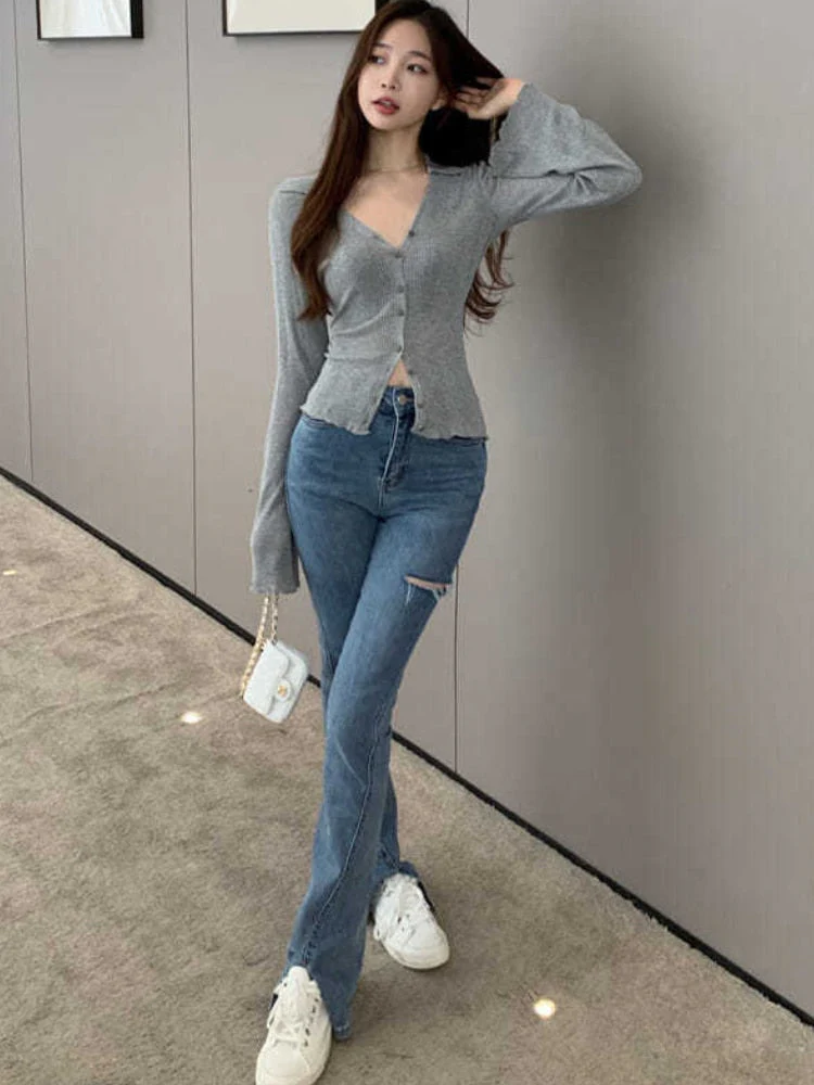 Hulianfu Knitting T-shirt Women Slim Sexy Long Sleeve Daily V-neck Casual Korean Style Pure Retro Minimalist Hot Girls Spring See-through - Deanwangkt