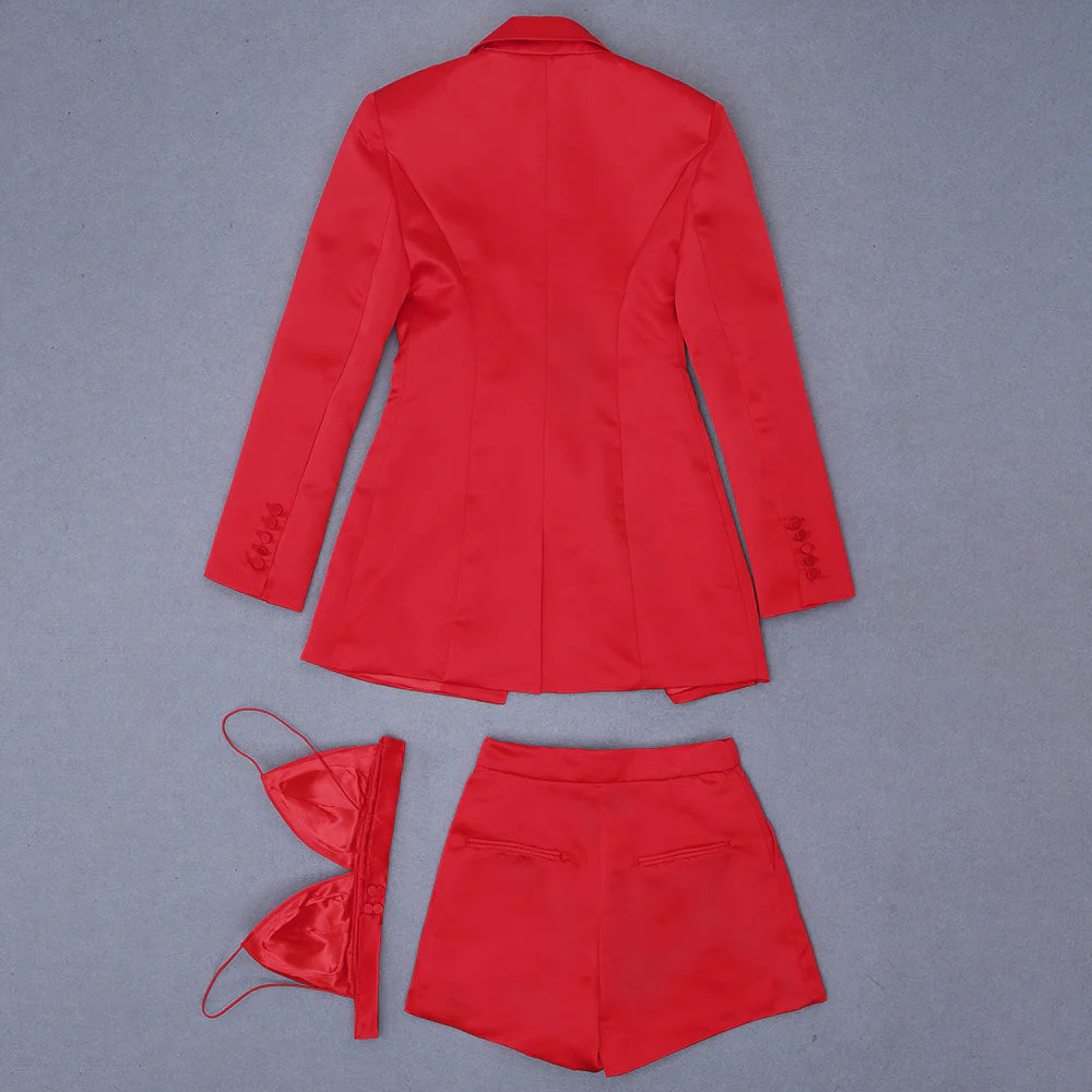 High Quality Red Satin Three Pieces Bandage Suit Sexy Long Sleeves Celebrity Fashion Party Club Blazer Coat Crop Tops Short Set - Deanwangkt