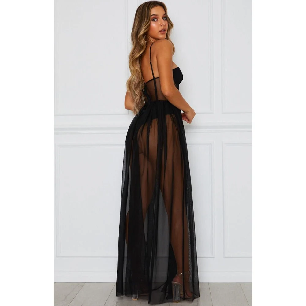 Sexy Women Boho Retro See-through Bodycon Spaghetti Strap Long Dress Elastic High Waist Party Summer Beach Bodysuit Sundress - Deanwangkt
