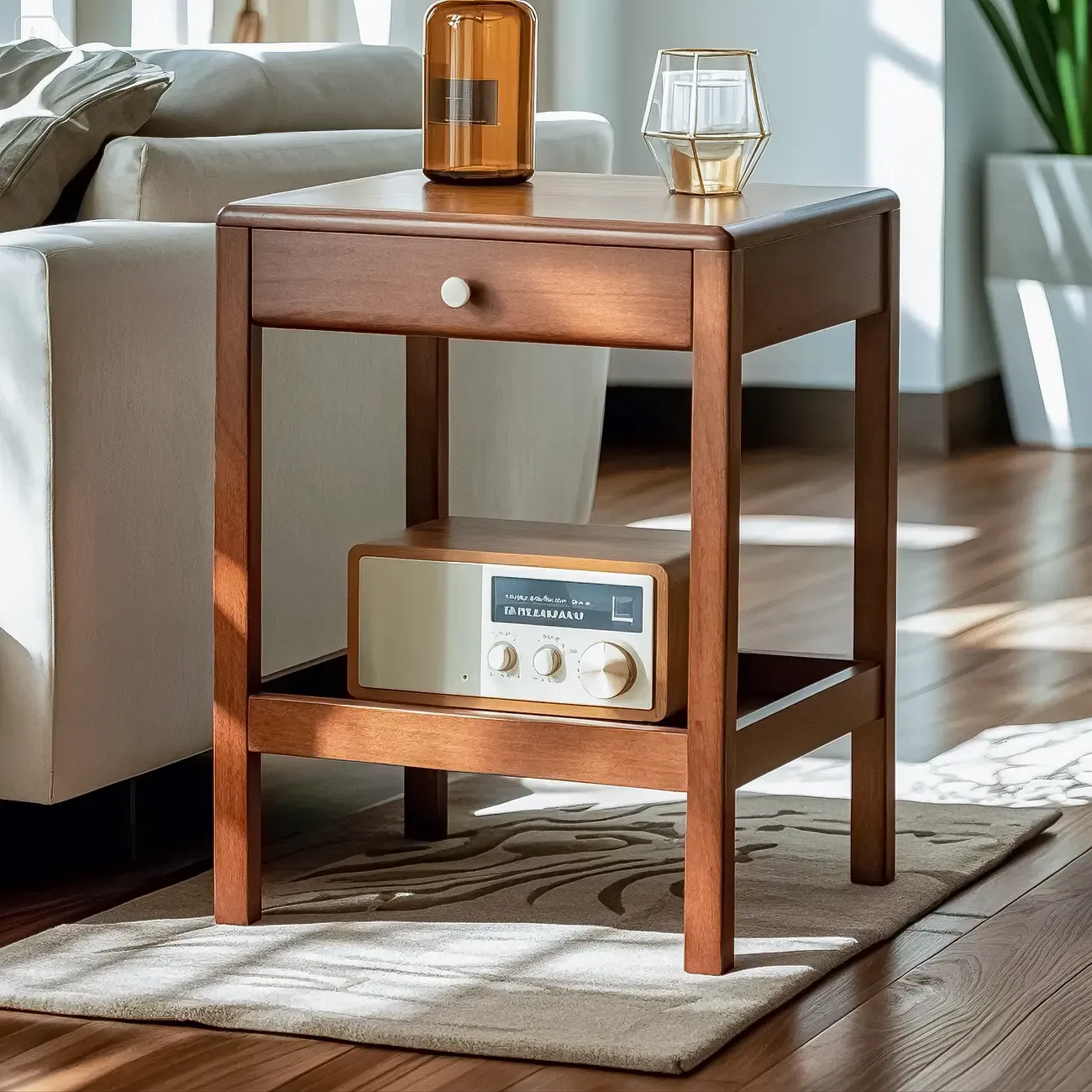Modern Brown Wood End Table with Storage for Living Room