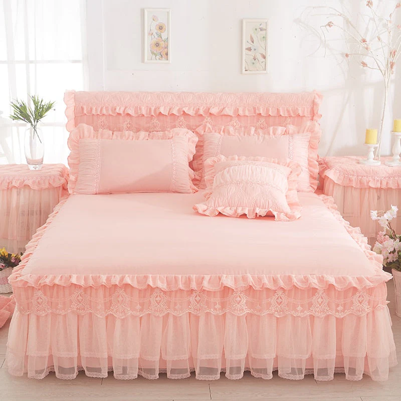 HULIANFU  1 Piece Lace Bed Skirt +2pieces Pillowcases bedding set Princess Bedding Bedspreads sheet Bed For Girl bed Cover King/Queen size - Deanwangkt