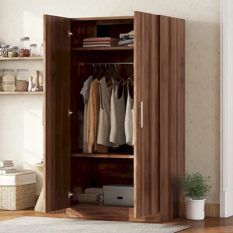 31.5 Rustic 2-Door Wooden Armoire with Hanging Rod and 3 Storage Shelves for Bedroom