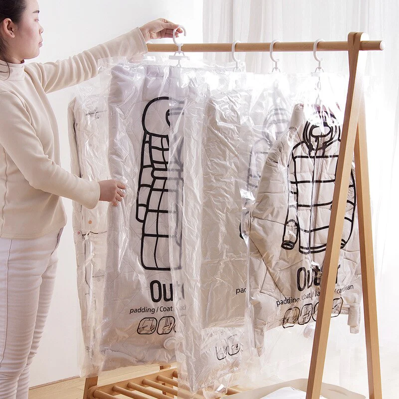 HULIANFU Transparent Clothes Compression Bag, Down Jacket Hanging Zipper Storage Bag, Clothes Organizer Plastic Bag, PE Plastic, Vacuum S - Deanwangkt