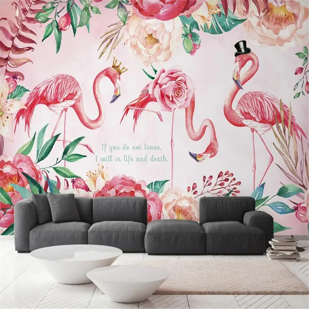 HULIANFU milofi factory custom wallpaper mural 3d nordic flamingo flower plant background wallpaper mural - Deanwangkt