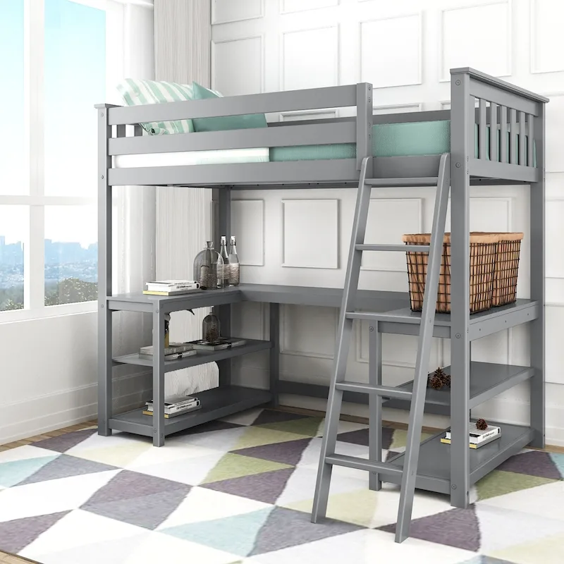 Max and Lily Twin Size High Loft Bed with Wraparound Desk and Shelves