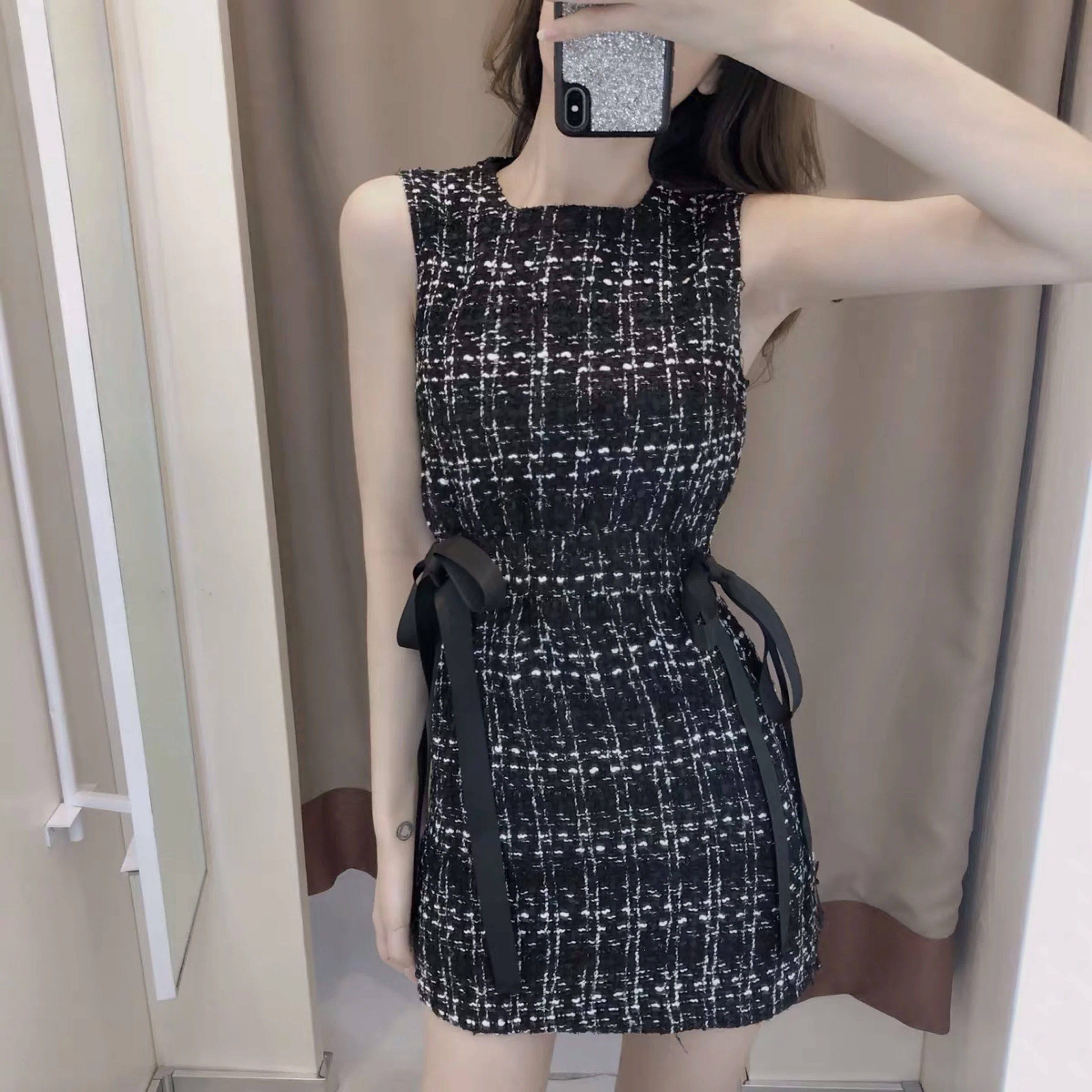 Hulianfu Vintage Summer Women Tweed Bandage Dresses for Women Party Sleeveless Bow O-Neck Plaid Elegant Casual Empire Bodycon Short Dress - Deanwangkt