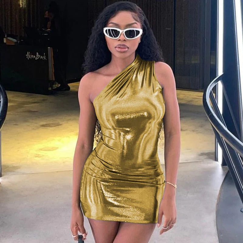 Hulianfu Pu Leather One Shoulder Sleeveless Draped Mini Prom Dress 2026  Summer Fall Women Elegant Y2K Evening Party Club Clothes - Deanwangkt