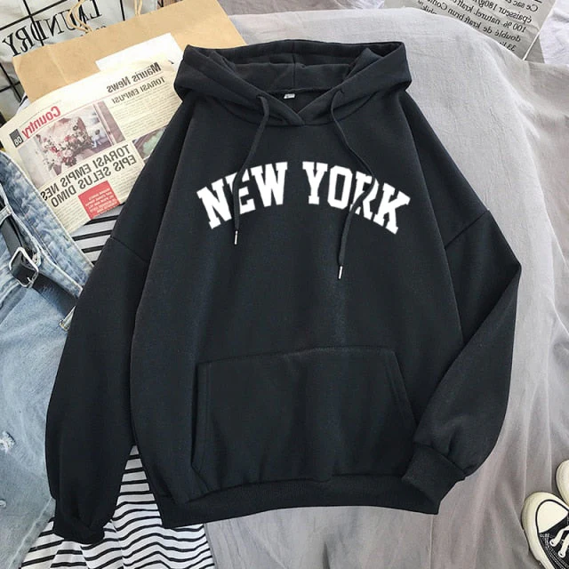 Female Thicken Warm Hoodies Lady Autumn Tops NEW Sweatshirts Velvet Winter Women's NEW YORK Printing Hooded Hoodies - Deanwangkt