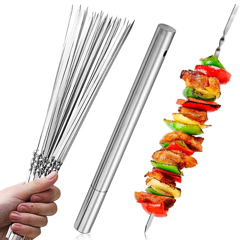 HULIANFU Skewers for Barbecue Reusable Grill Stainless Steel Skewers Shish Kebab BBQ Camping Flat Forks Gadgets Kitchen Accessories Tools - Deanwangkt