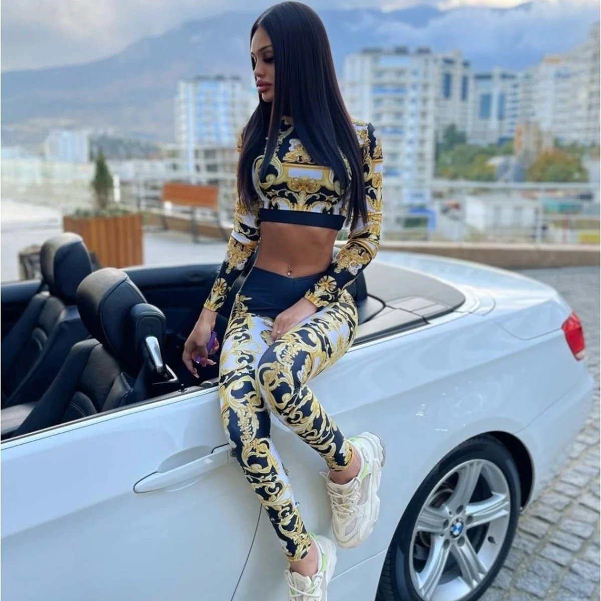 Fashion Women Sexy Long Sleeve Casual Suit Vintage Print Crop Top&Leggings Hight Waist Fitness Breathable Outfit - Deanwangkt