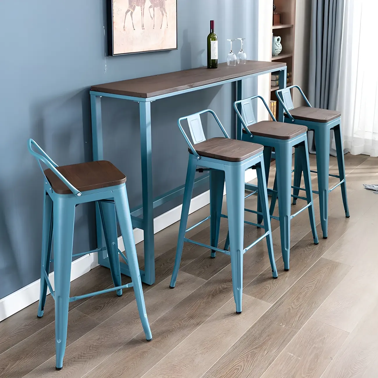 Scandinavian Brown Wood Blue Metal Footrest Bar Tables