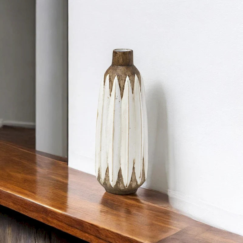 HomeRoots 14  Brown And White Abstract Cylinder Ceramic Table Vase