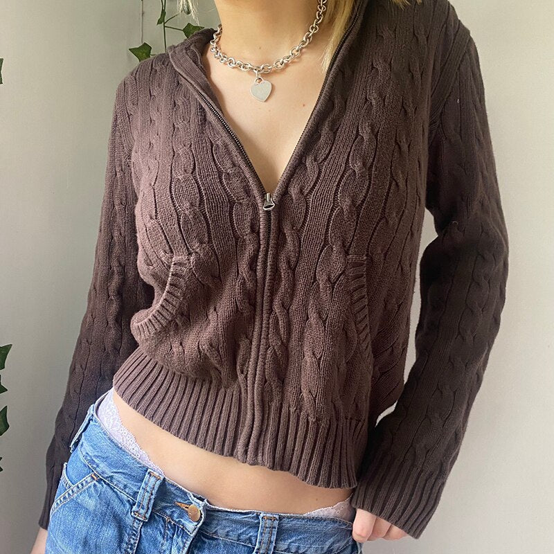 Knitted Sweater Women Hooded Cardigan Cropped Vintage Hoodies Y2K Solid Coat Women Sweater Outwear Long Sleeve Pull Femme - Deanwangkt