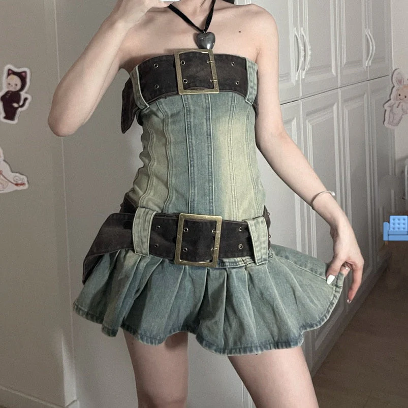 Y2K Vintage Women Korean Sexy Wrap Chest Belted Pleated Denim Dress Aesthetic Fairy Grunge High Waist A-line Dresses Alt Clothes - Deanwangkt