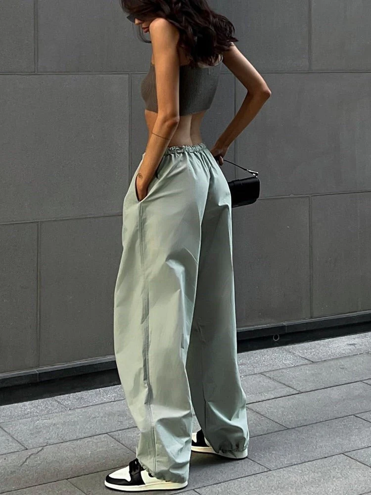 Hulianfu Fashion High Street Cargo Pants Women Casual Sweatpants Solid Loose Trousers Drawstring Waist Wide Leg Pants Y2K Party - Deanwangkt