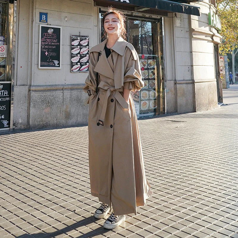 Korean Style Loose Oversized X-Long Women's Trench Coat Double-Breasted Belted Lady Cloak Windbreaker Spring Fall Outerwear Grey - Deanwangkt