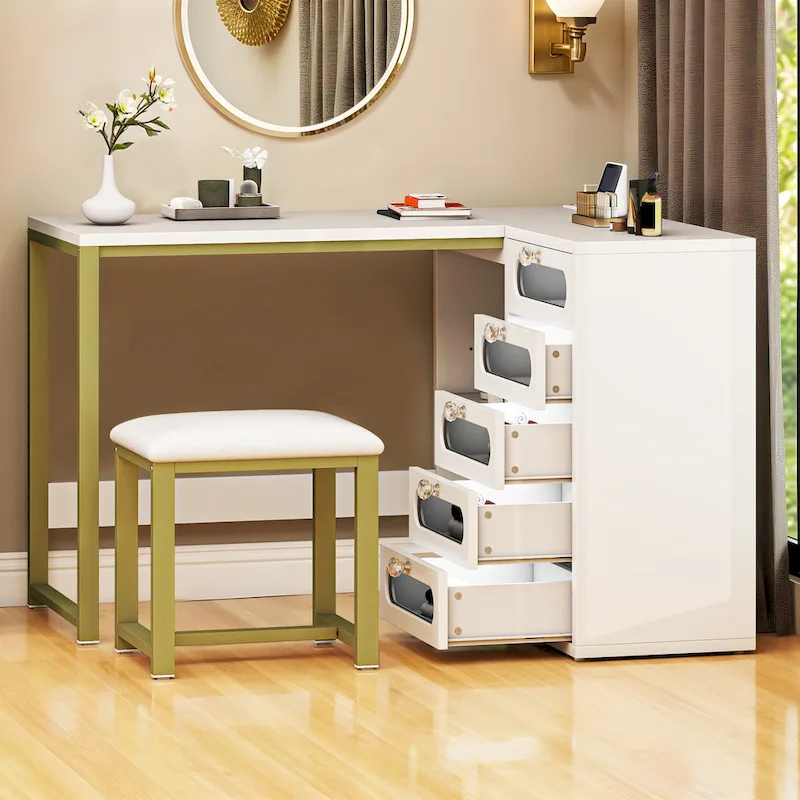 Moasis 5 Drawers L-Shape Nail Desk Set with Cushioned Stool and LED Light