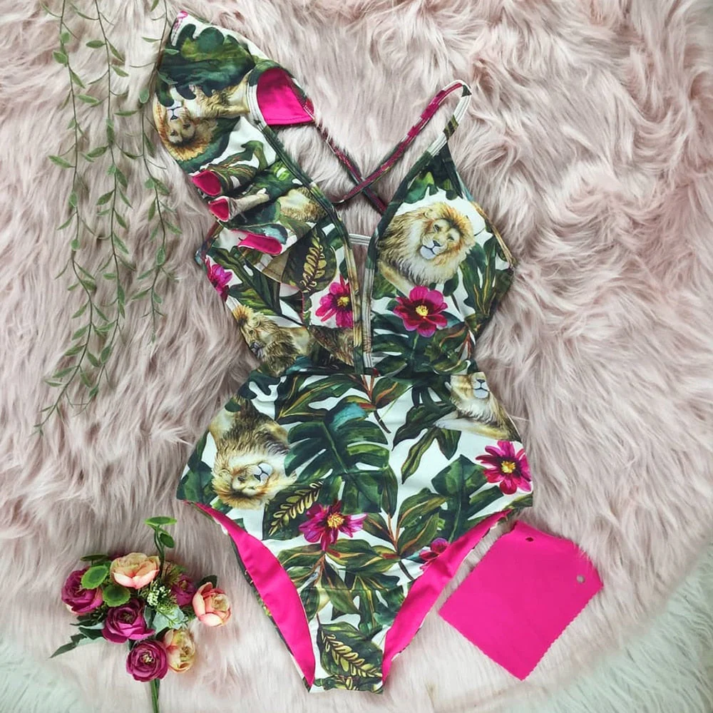 New Sexy Ruffle Print Floral One Piece Swimsuit Off The Shoulder Swimwear Women Solid Deep-V Beachwear Bathing Suit Monkini - Deanwangkt