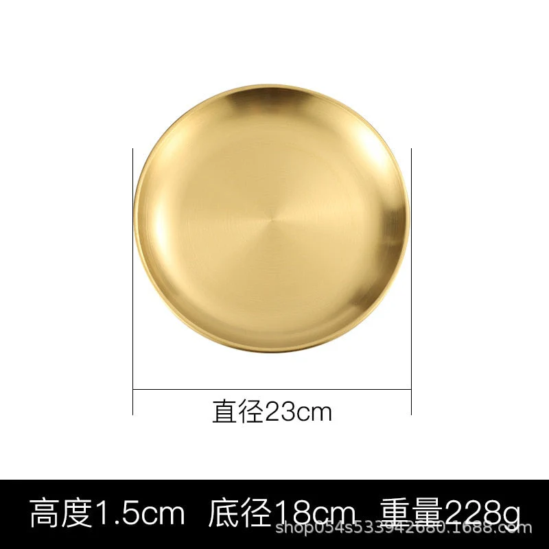 HULIANFU Korean stainless steel thickened disc Golden Cafe Tray Fruit Plate Cake Plate Bone Dish Dish Dish Shallow Plate - Deanwangkt