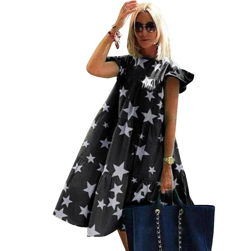 Summer Women'S Retro Loose 2xl Casual Round Neck Short Sleeve One-Piece Dresses - Deanwangkt