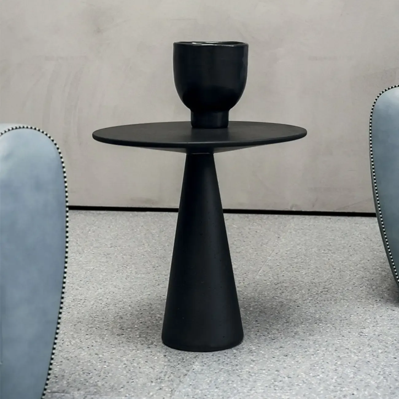 Brown Modern Round Tabletop Metal Pedestal Side Table